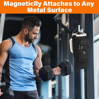 Magnetic Water Bottle Carrier Bag Compatible with Stanley/Meoky 40 oz Tumbler with Handle,Water Bottle Holder Pouch with Adjustable Shoulder Strap & Phone Pocket Fits for Stanley Cup Accessories