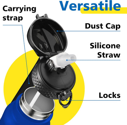 Han's Bottle Sports Water Bottle - 24 Oz, Straw Lid, Leak Proof, Vacuum Insulated Stainless Steel, Double Walled, Thermo Mug,Black