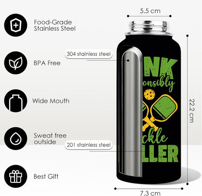 Pickleball Water Bottle 32oz | Insulated Stainless Steel Travel Tumbler with Lid Leak-Proof Keep Hot or Cold, BPA-Free |Dink Responsibly Gifts for Pickleball Lovers