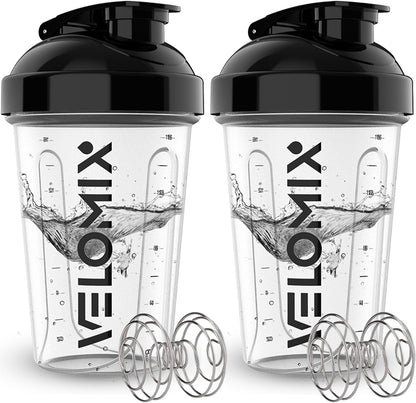 VELOMIX -2 Pack- 20 oz Protein Shaker Bottles for Protein Mixes - 2x Wire Whisk | Leak Proof Shaker Cups for Protein Shakes and Pre Workout | Protein Shaker Bottle Pack (Black/Transparent)