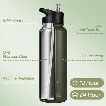 HASLE OUTFITTERS 32 oz Insulated Water Bottle Stainless Steel Double Walled Vacuum Sports Water Bottle with 2 Lids (Straw and Spout Lid) for Gym Camping Hiking(Black,1)