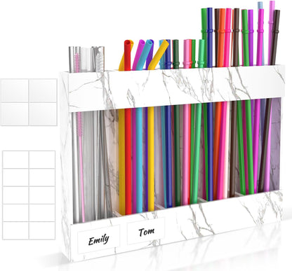 9.5” Large Acrylic Straw Holder for Cabinet Door with Detachable Ultra Sticky Adhesive Squares and Stickers, 2026 Reusable Straws Organizer Storage Dispenser for Kitchen Counter Cupboard