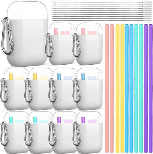 Mumufy 10 Set Silicone Travel Straws with Case Reusable Straws Foldable Drinking Straw Collapsible Portable Straw Set for Party Cold or Hot Straw with 10 Carry Cases 10 Cleaning Brushes 10.2 Inch Long