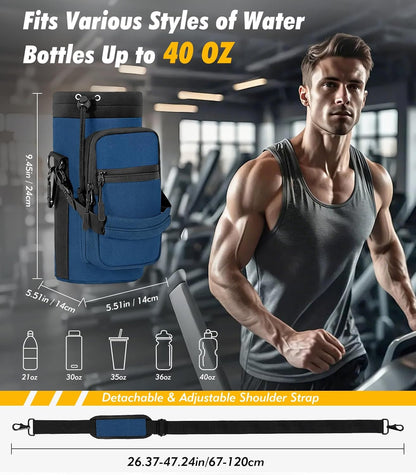 Nuovoware Water Bottle Carrier Bag,25oz/40oz/64oz Bottle Pouch Holder,Adjustable Shoulder Hand Strap 2 Pocket Sling Neoprene Sleeve Sports Accessories for Hiking Travelling Camping