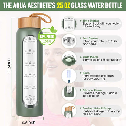 Aqulea Glass Water Bottles 25 Oz with Silicone Sleeve - BPA Free Reusable Wide Mouth Glass Motivational Water Bottles with Fruit Infuser – Leak Proof Borosilicate Water Bottle with Time Marker (White)