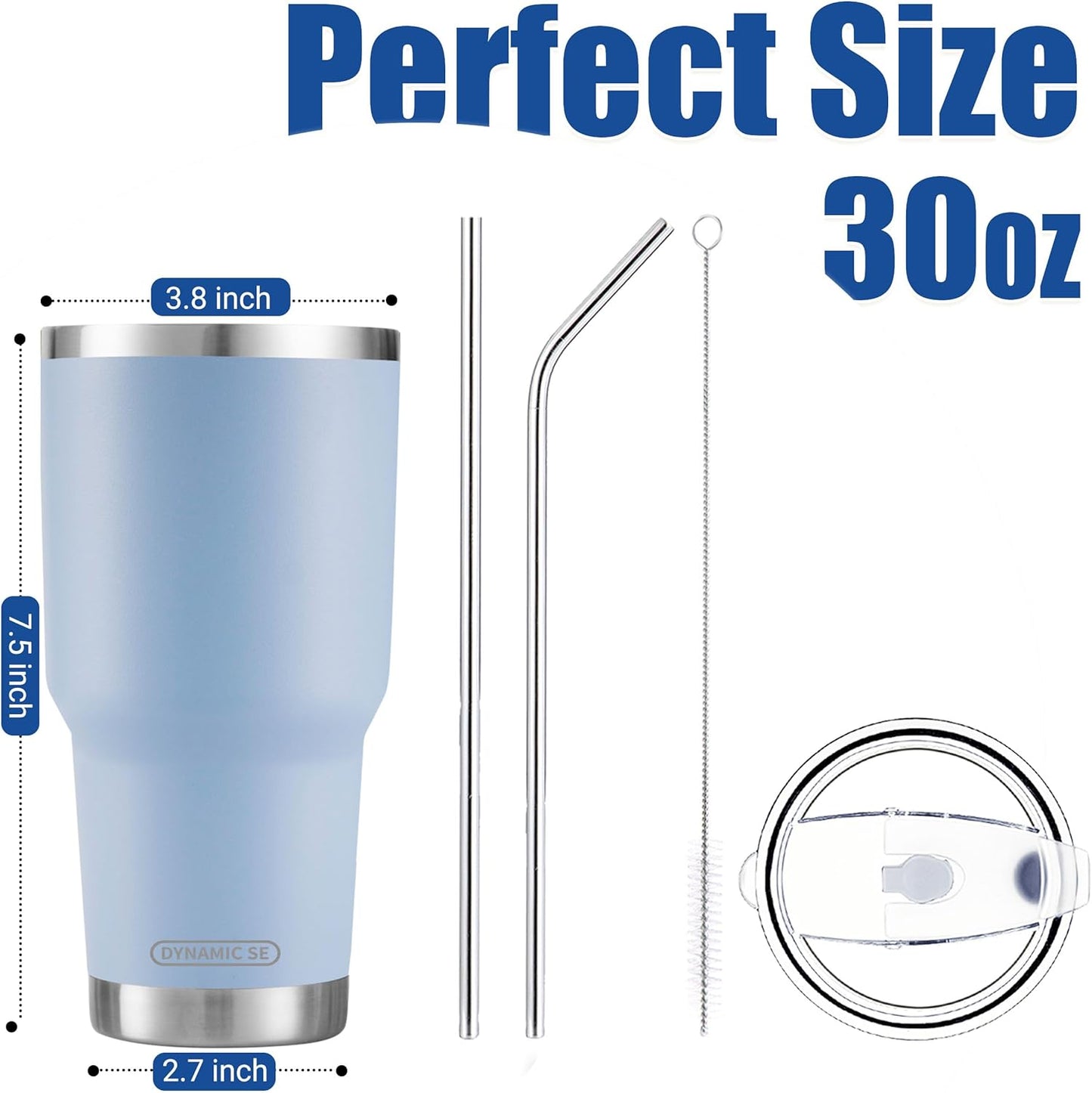 D·S 30oz Blue Tumbler Stainless Steel Double Wall Vacuum Insulated Mug with Straw and Lid, Cleaning Brush for Cold and Hot Beverages