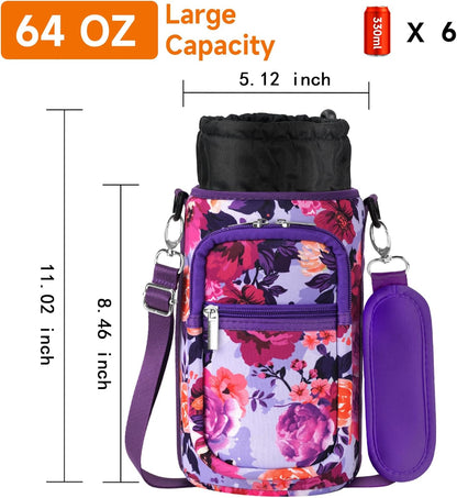 AceTreker 32/40/64/128 oz Neoprene Insulated Water Bottle Carrier Bag, Sling Bag Sleeve Pouch Holder with Strap & Paracord Handle and 2 Pocket for Travelling, Hiking, Camping