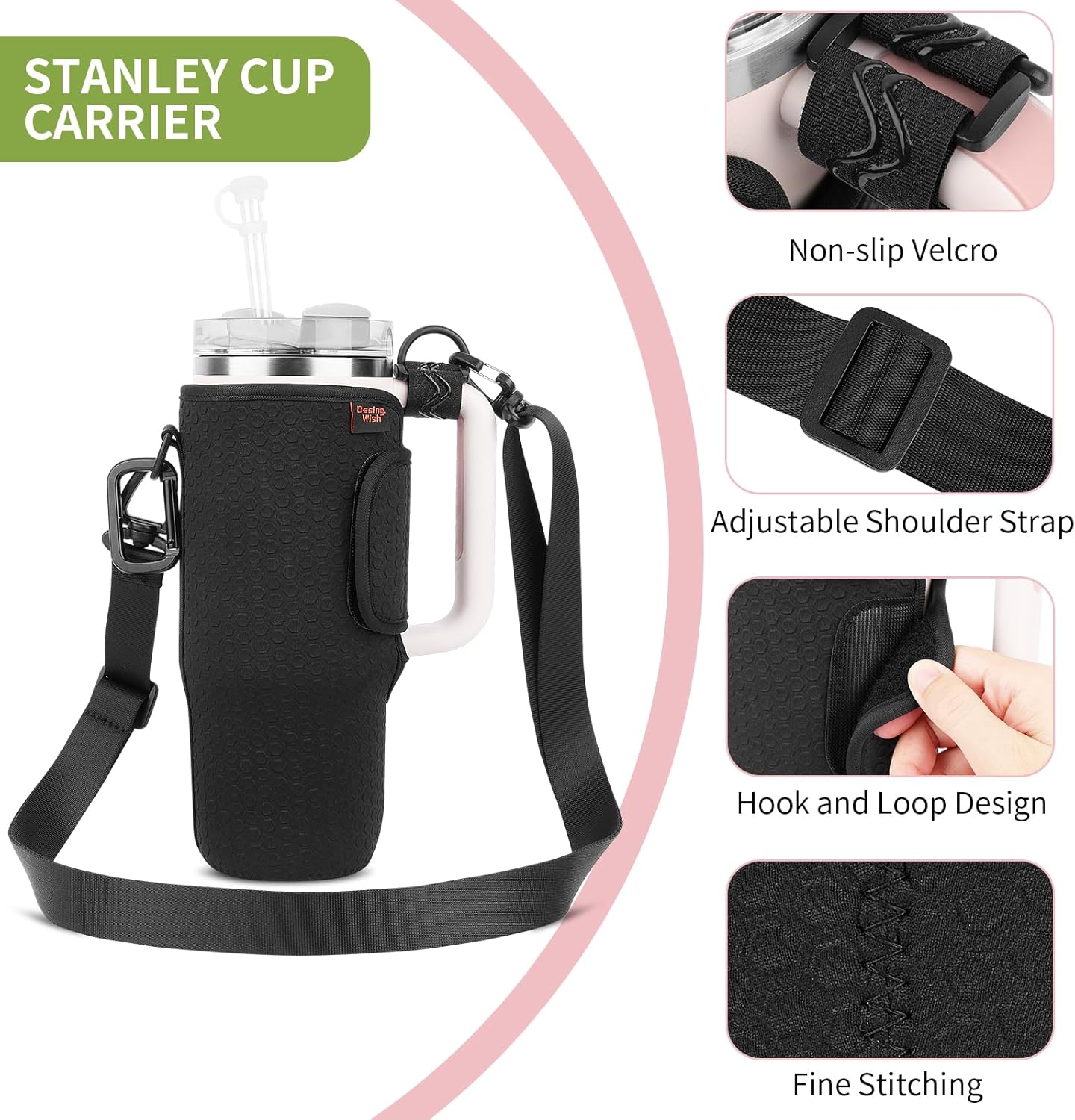 Water Bottle Carrier for Stanley Quencher 30oz Tumbler Cup Water Bottle Holder with Strap Neoprene Protective Tumbler Carrying Bag for Hiking Fitness Travelling - Black