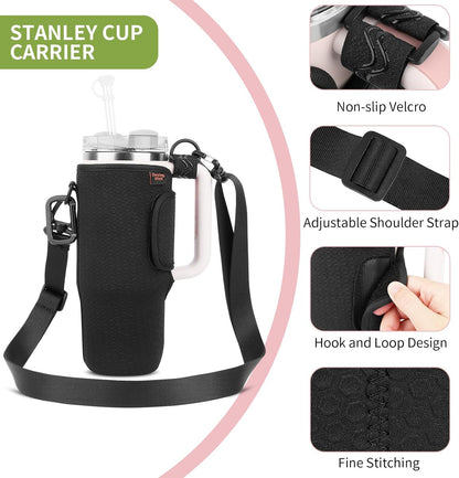 Water Bottle Carrier for Stanley Quencher 30oz Tumbler Cup Water Bottle Holder with Strap Neoprene Protective Tumbler Carrying Bag for Hiking Fitness Travelling - Black