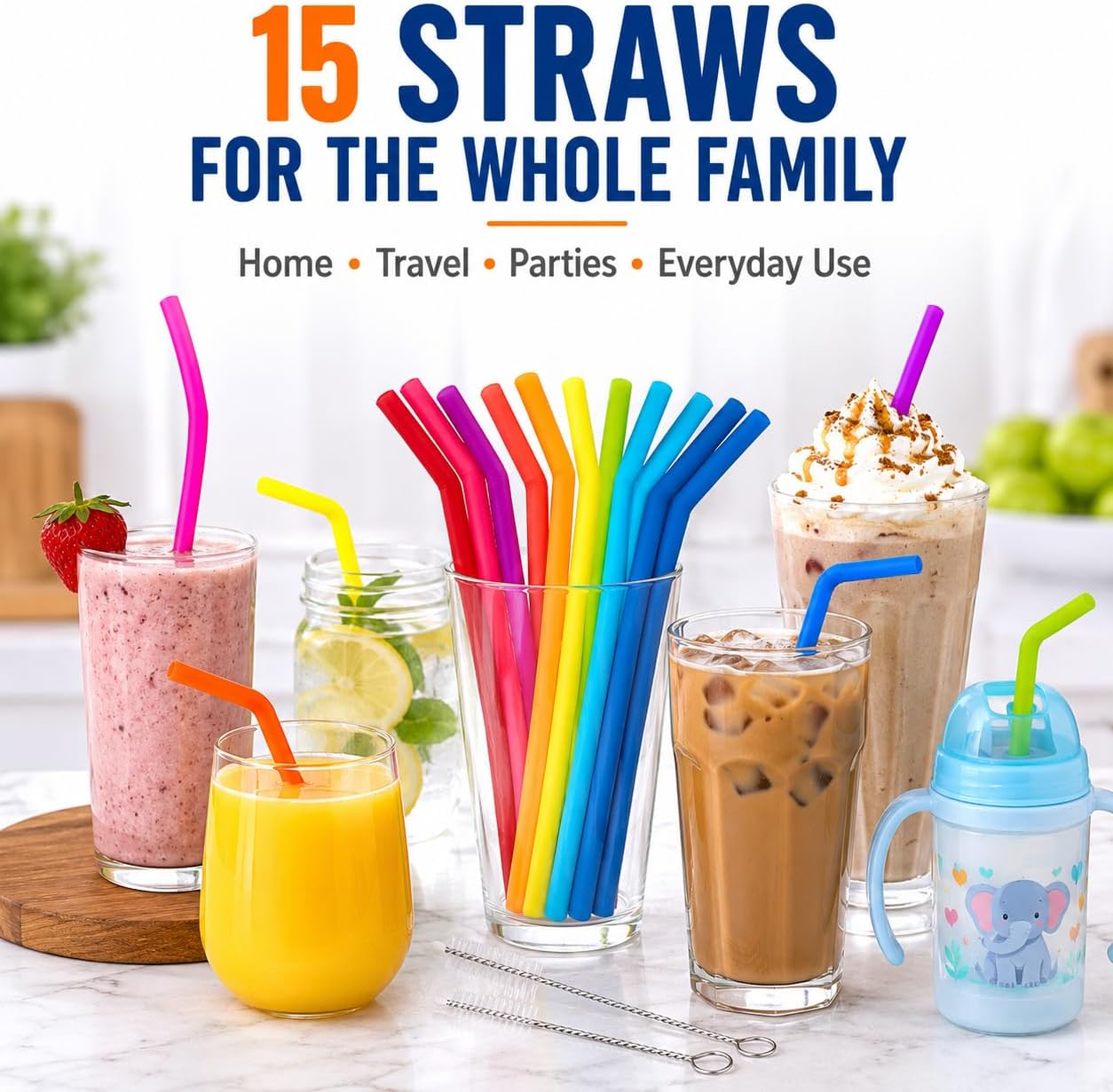 Reusable Silicone Straws for Tumblers, Smoothies & Kids Drinks – 15 Pack Flexible BPA-Free Drinking Straws with 2 Cleaning Brushes – Soft on Teeth & Lips – Fits 20oz & 30oz Tumblers