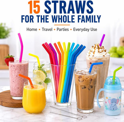 Reusable Silicone Straws for Tumblers, Smoothies & Kids Drinks – 15 Pack Flexible BPA-Free Drinking Straws with 2 Cleaning Brushes – Soft on Teeth & Lips – Fits 20oz & 30oz Tumblers