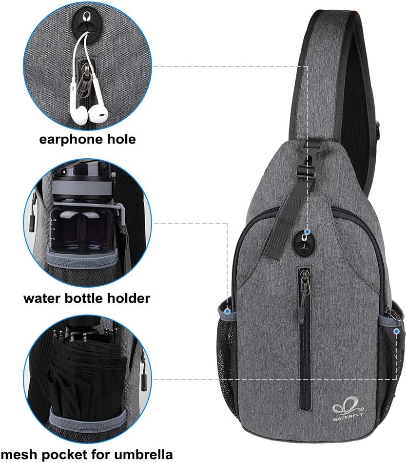 WATERFLY Crossbody Sling Backpack Sling Bag Travel Hiking Chest Bag Daypack (Black)