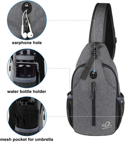 WATERFLY Crossbody Sling Backpack Sling Bag Travel Hiking Chest Bag Daypack (Black)