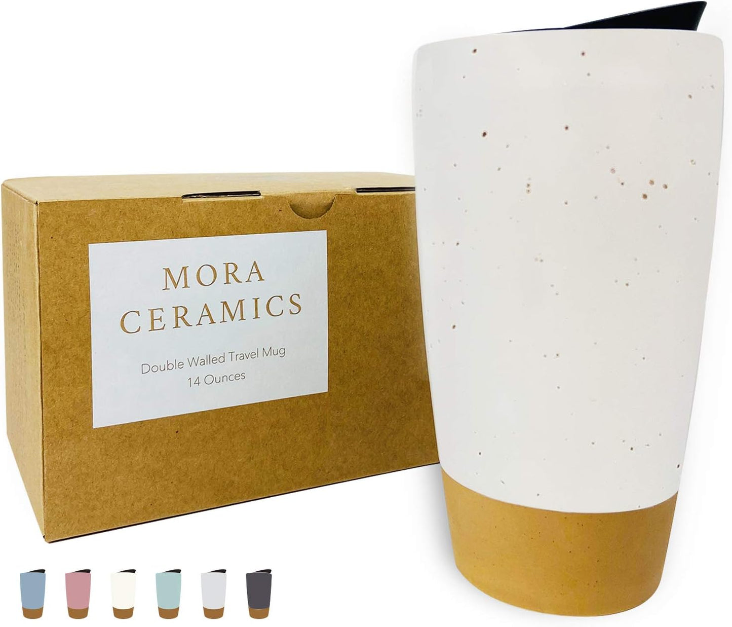 Mora Double Wall Ceramic Coffee Travel Mug with Lid, 14 oz, Portable, Microwave, Dishwasher Safe, Insulated Reusable Tall Cup, Splash Resistant Lid - To Go Tumbler for Car Cup Holder, Nightwaves