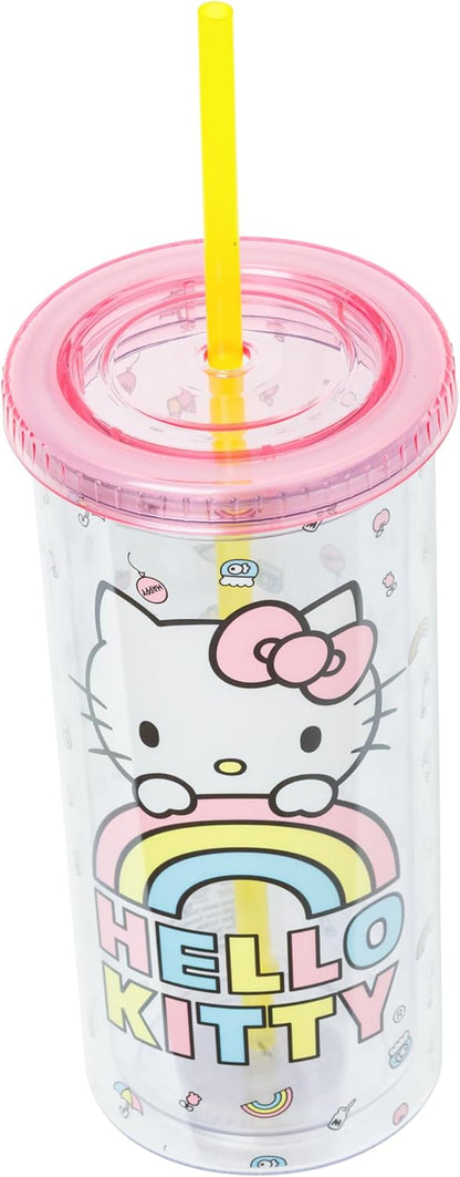 Silver Buffalo Sanrio Hello Kitty Milk Carton Pattern Plastic Boba Tumbler w Lid and Wide Straw, 24 Ounces