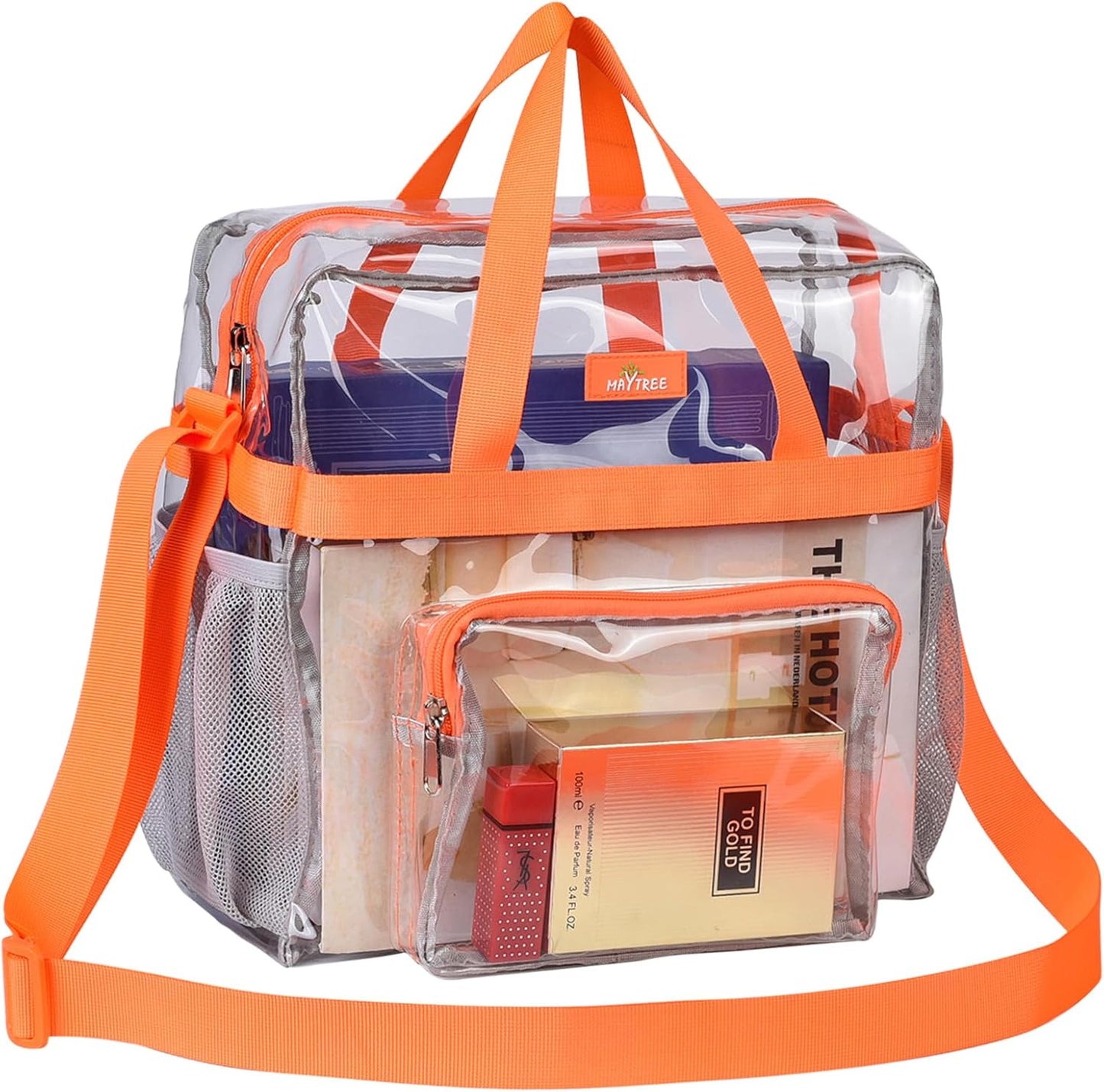 MAY TREE Clear Bag for Stadium Events, 12×5.5×12 Clear Tote Lunch Bag with Non-detachable Reinforced Straps for Work, Sporting Events and Gym, Black