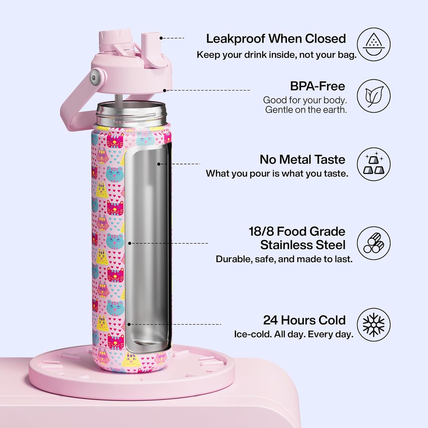 ENCOOL Insulated Water Bottle with Straw Stainless Steel Water Bottle, Leak-Proof, BPA-Free, Double Wall Vacuum Keeps Cold for 24 Hours for Sports, Travel, School (26 oz, Cotton Candy) - Colors D