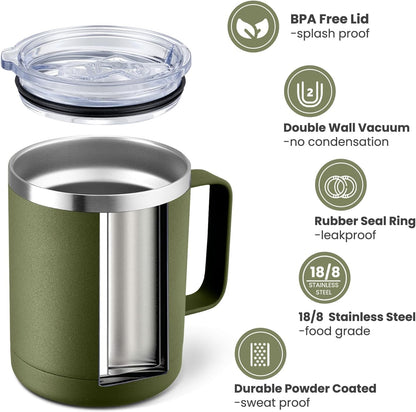 MEWAY 12oz Coffee Mug With Handle and Sliding Lid,Stainless Steel Travel Tumbler Cup with Handle,Double Wall Vacuum Insulated Camping Cup for Hot & Cold Drinks Tea (Black,Set of 1
