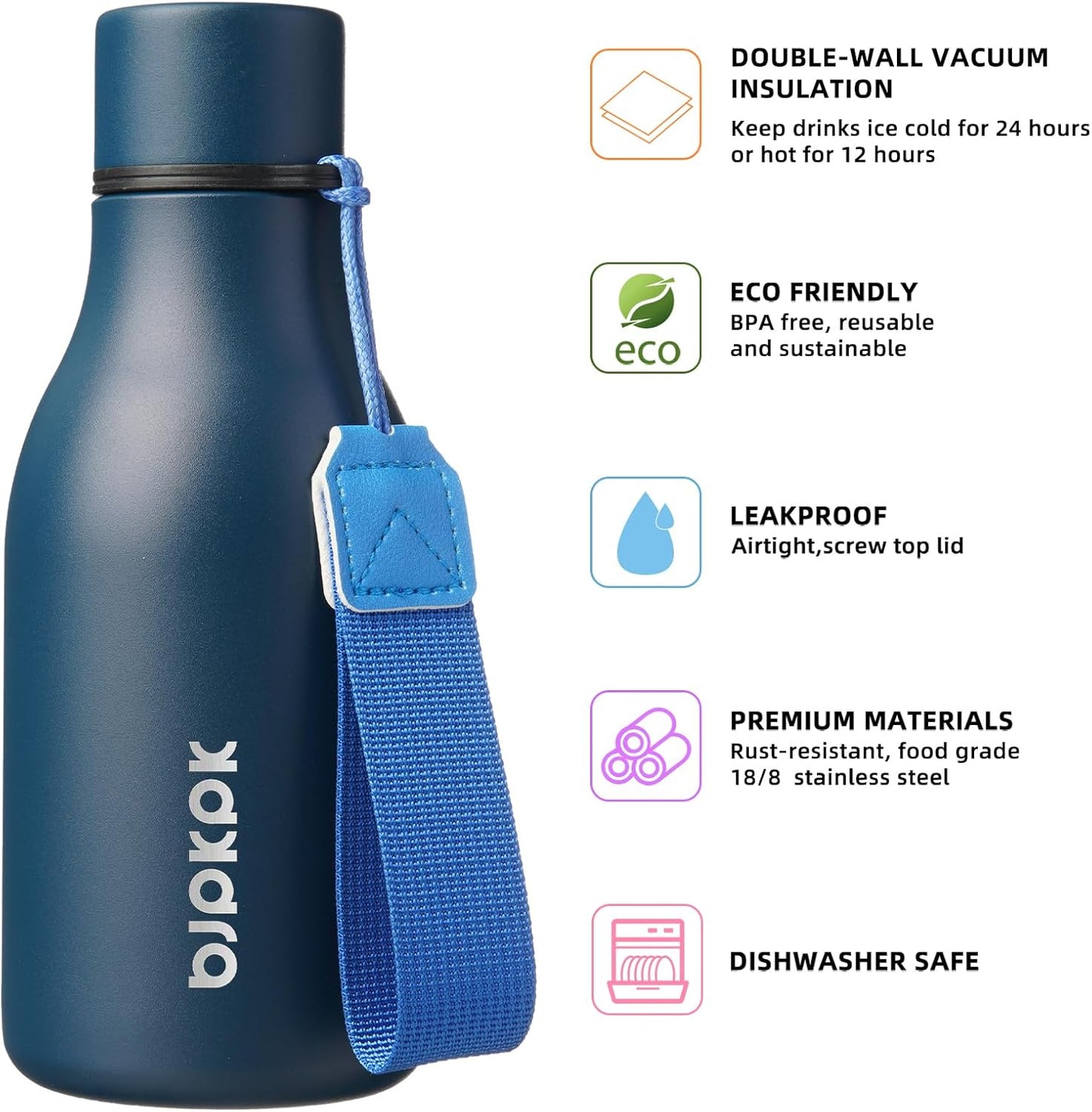 BJPKPK Insulated Water Bottles, 18 oz Stainless Steel Metal Water Bottle with Strap, BPA Free Leak Proof Jugs, Mugs, Flasks, Reusable Thermal Flasks for Sports & Travel, Black - Colors A