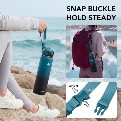 Enerbone 24 oz Insulated Water Bottle, Stainless Steel Bottle with Carrying Strap, Double-Wall Vacuum Insulation Design, Leakproof Sports Bottle with Straw, Keep Drinks Cold or Hot for Hours