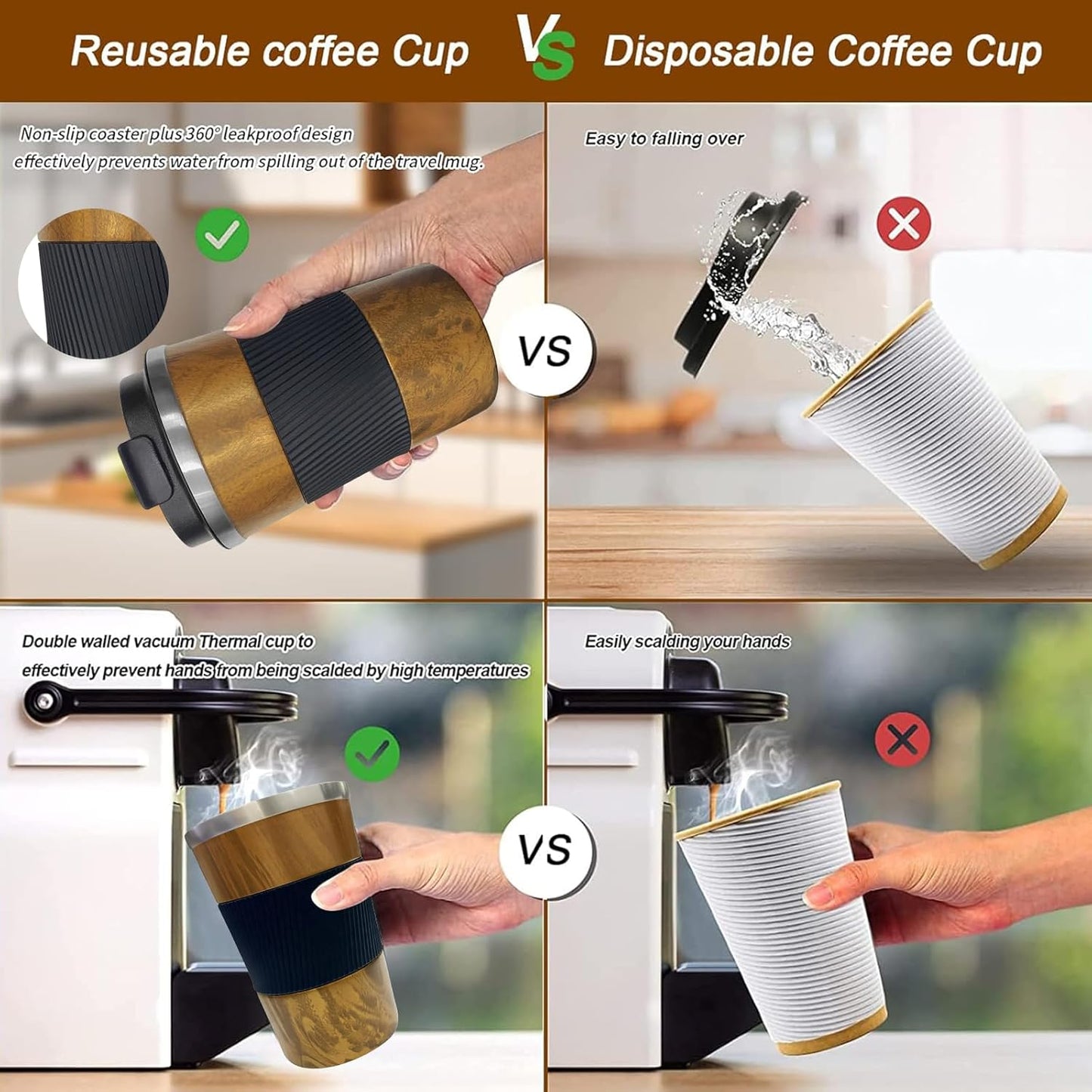 YINBAOGE Insulated Travel Coffee Mug, Spill & Leak Proof, Portable To Go Camping Stainless Steel Coffee Tumbler, Reusable Thermal Coffee Cup with Lid for Hot & Cold Drinks (Black, 12 OZ)
