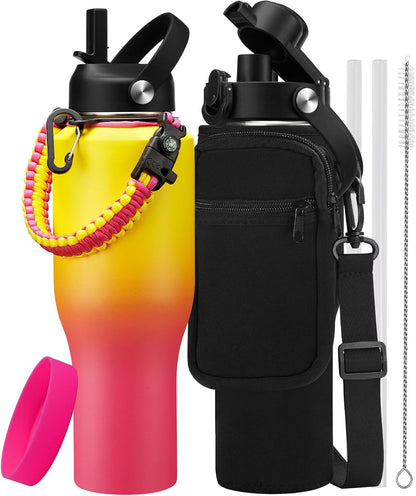 Insulated Water Bottle 40 oz - Fits in any Car Cup Holder, Keep Cold 48H Hot 24H, Stainless Steel Waterbottle Double Wall Flask with Straw, Pop-up Spout Lid, Paracord Handle, Carrier Bag