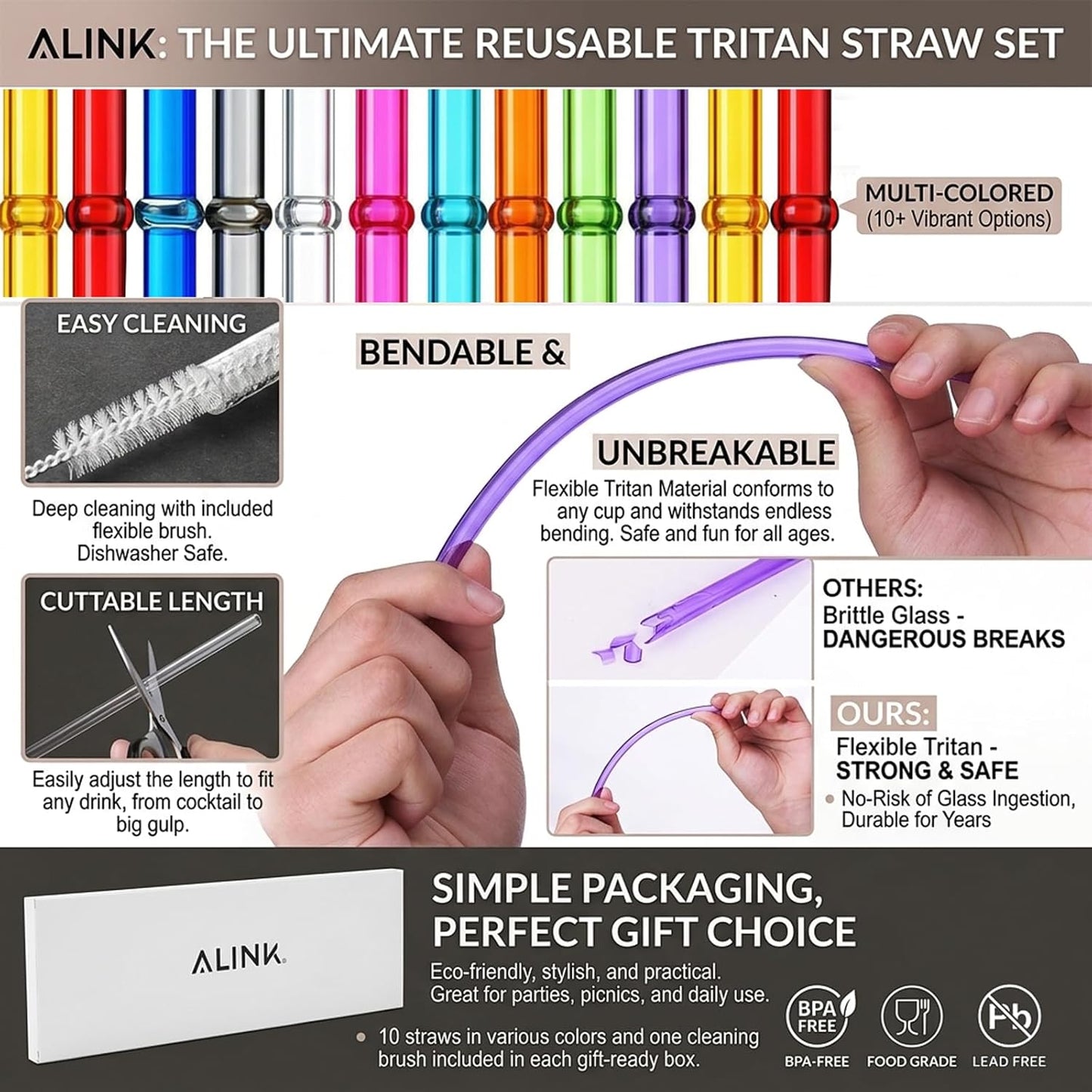 ALINK 10.5 in Long Reusable Plastic Straws with Brush, Tritan Hard Plastic Tumbler Straws, 10 Rainbow Colored Replacement Straw for 16 OZ 20 OZ 30 OZ Stanley, YETI, Starbucks Tumblers, Mason Jars