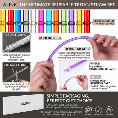 ALINK 10.5 in Long Reusable Plastic Straws with Brush, Tritan Hard Plastic Tumbler Straws, 10 Rainbow Colored Replacement Straw for 16 OZ 20 OZ 30 OZ Stanley, YETI, Starbucks Tumblers, Mason Jars