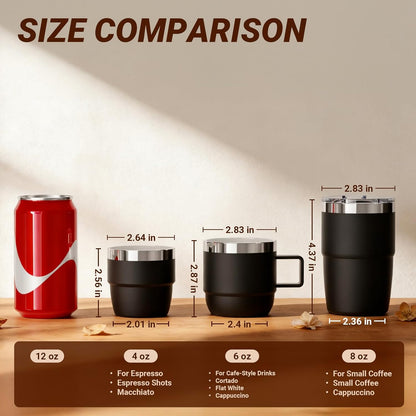 8 oz Small Coffee Cup with Magnetic Lid, Ceramic-Lined 18/8 Stainless Steel, Double-Wall Vacuum Insulated, Stackable, Dishwasher Safe, Mini Tumbler for On-the-Go, 2 Pack, Black