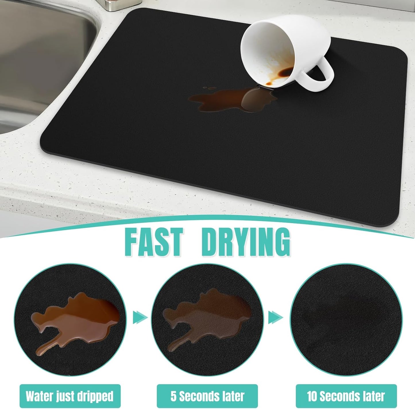 WISELIFE Coffee Mat Super Absorbent Dish Drying Mat Coffee Bar Accessories Match with Machine Large Drying Mats for Kitchen Counter 12" W x 19" L, Black