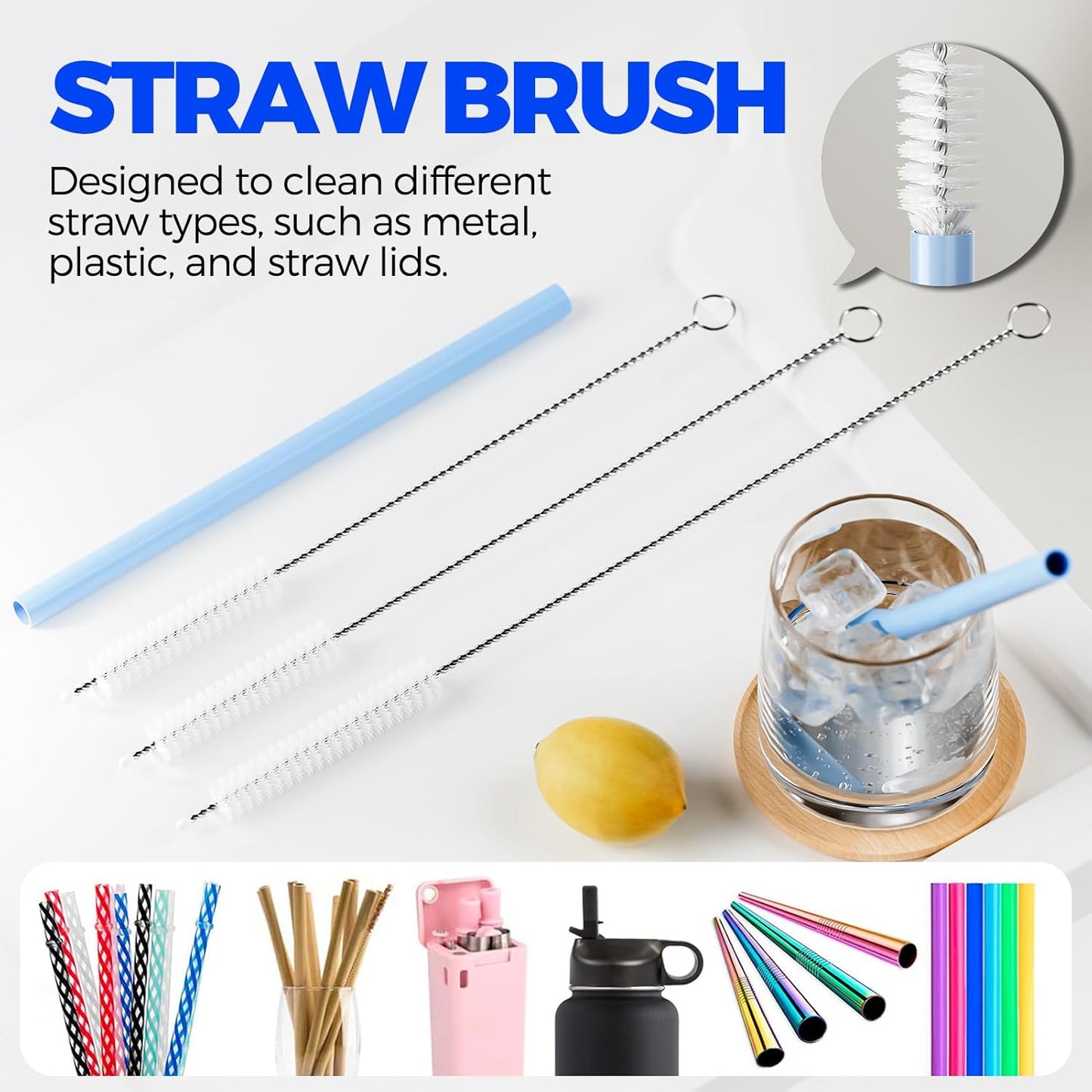 6 PACK Holikme 4 in 1 Cup Lid Cleaning Brush Set with 3 Straws, Multifunctional Bottle Brush, Silicone Cup Lid Gap Cleaner, Durable Bristle Crevice Cleaning Brush,Flat End Brushes,Navy & Black & Olive