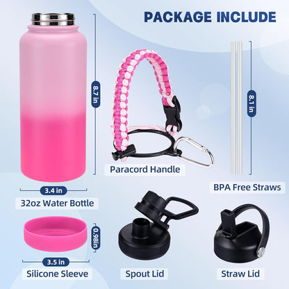 Insulated Water Bottle, 32 oz Stainless Steel Wide Mouth Water Bottles with 2 Leak Proof Lid and Paracord Handle, Double Wall Vacuum Insulated Sports Water Bottle, Purple Black