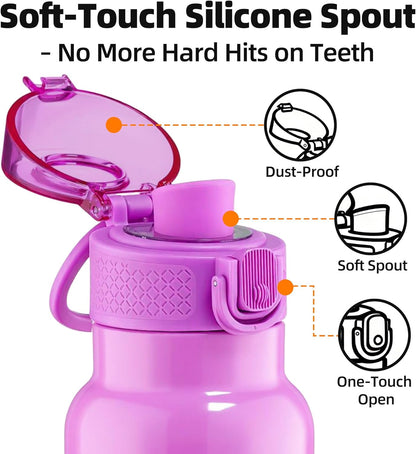 Fanhaw 24 oz Insulated Water Bottle with Soft Silicone Spout Lid, Leakproof Stainless Steel Vacuum Bottle for School, Sports& Daily Use, Kids, Teens& Adults, Back to School Essentials (Pink)