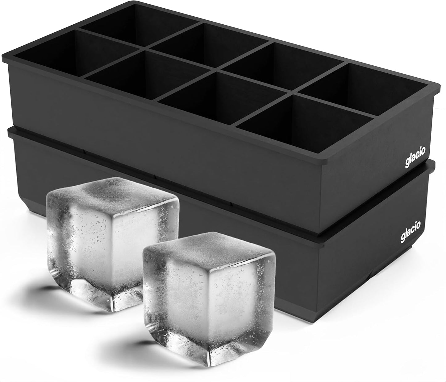 Ice Cube Molds – 2-Pack Silicone Trays for 8 Large Square Cubes – Slow-Melt Ice for Whiskey, Cocktails, Coffee & More