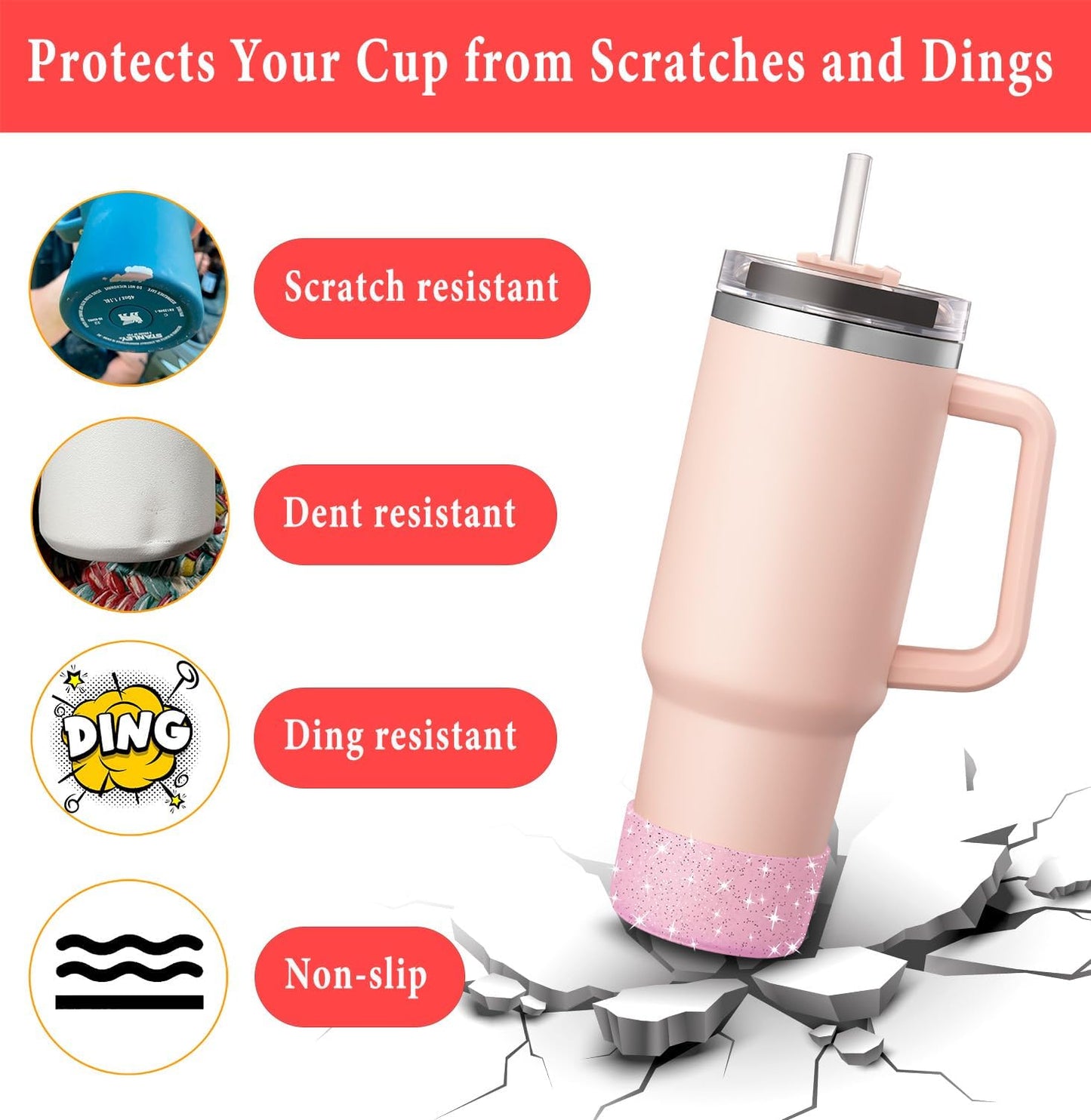 KTKUDY 2 PCS Glitter Silicone Boot Compatible with Stanley Tumbler 20 30 40 oz & Fits Hydro Flask Water Bottle 12-24oz & Fits Yeti, Simple Modern, Owala Cup - Bling Cup Bottom Protector Accessories