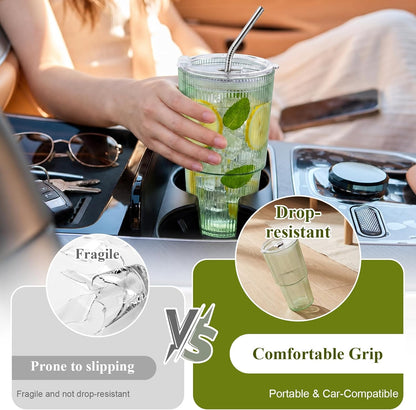 4 Pcs 20oz Plastic Ribbed Tumblers with Lid and Straws Blue Plastic Reusable Iced Coffee Cups with Lid Unbreakable Vintage Ribbed Drinking Glasses Tumbler for Juice Smoothie Beverage with Clean Brush