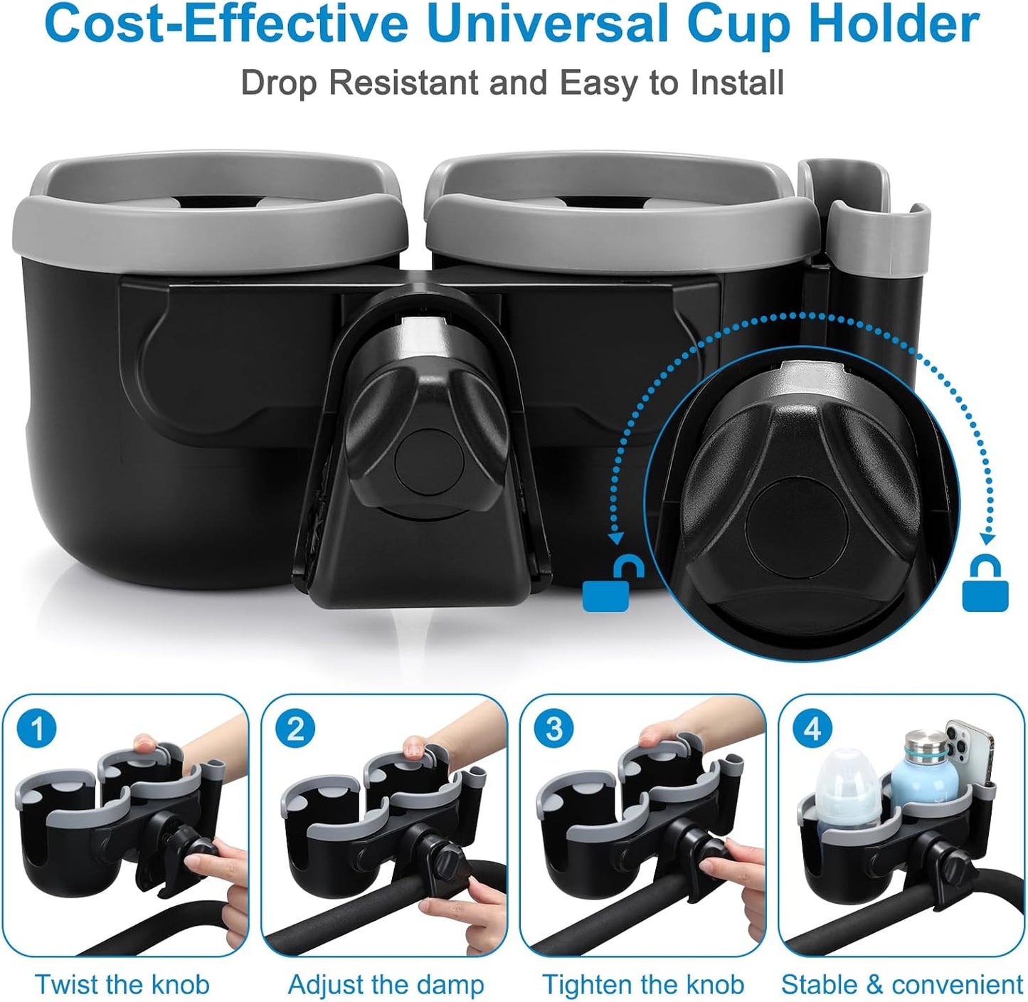 Accmor Stroller Cup Holder with Phone Holder, Bike Cup Holder, Universal Cup Holder for Uppababy Nuna Doona Strollers, 2-in-1 Cup Holder for Walker, Wheelchair, Scooter - Colors B