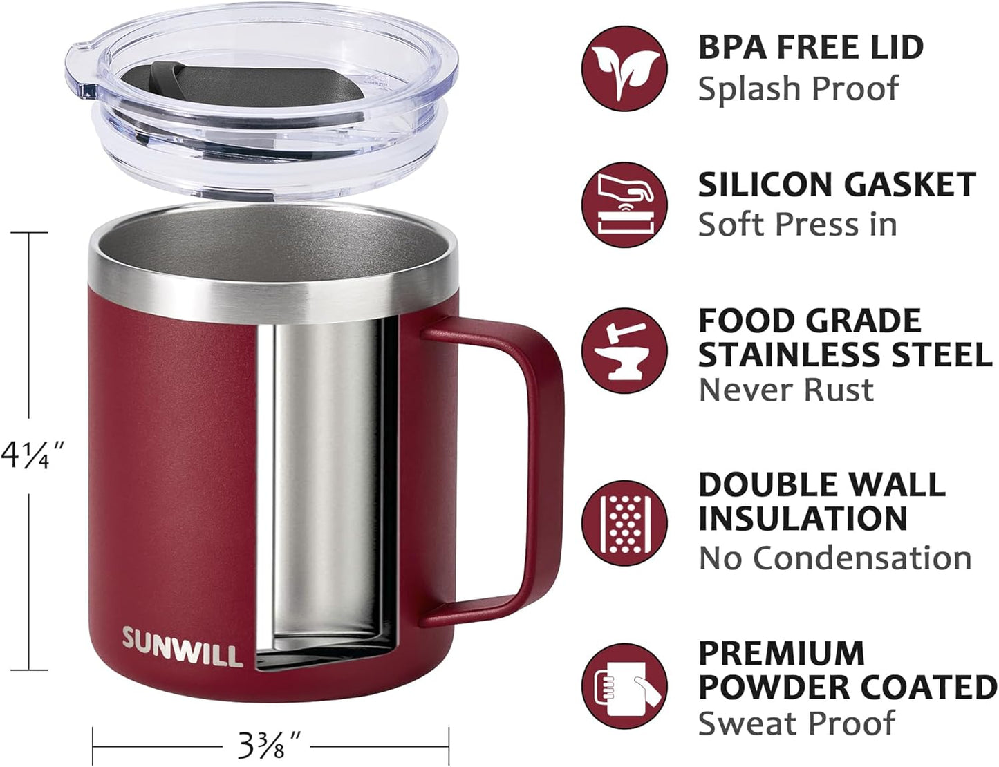 SUNWILL Travel Coffee Mug with Lid, Insulated Tumbler with Handle, 14 oz Stainless Steel Cup for Ice, Water, Tea, Rose Gold
