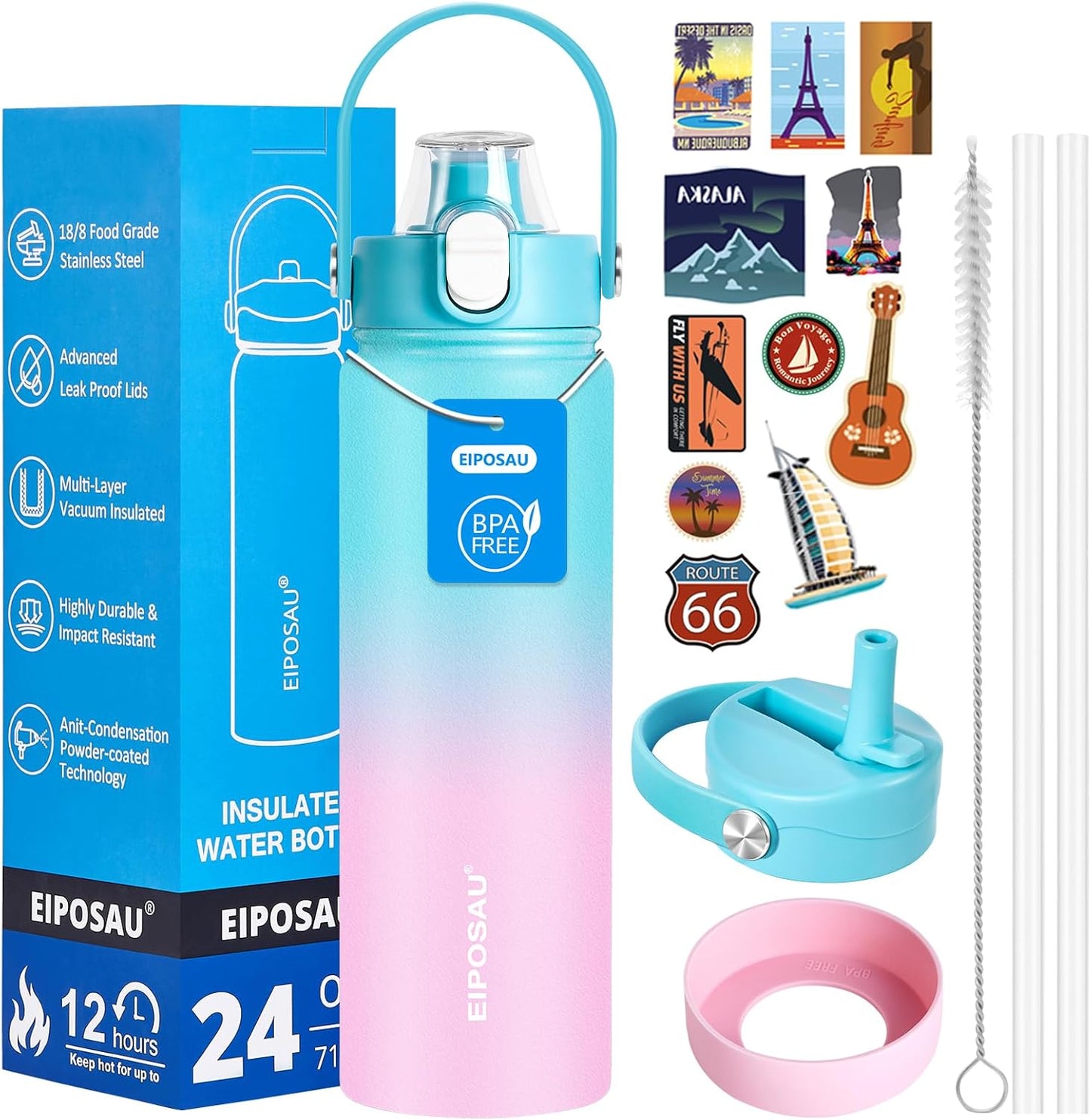 Insulated Water Bottle with Lid & Boot & Stickers, 24 oz Stainless Steel Sweat Free Bottle Keep Cold 24H, BPA-Free Sports Wide Mouth Water Bottle, BlueBlack