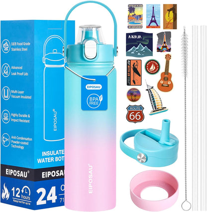 Insulated Water Bottle with Lid & Boot & Stickers, 24 oz Stainless Steel Sweat Free Bottle Keep Cold 24H, BPA-Free Sports Wide Mouth Water Bottle, BlueBlack