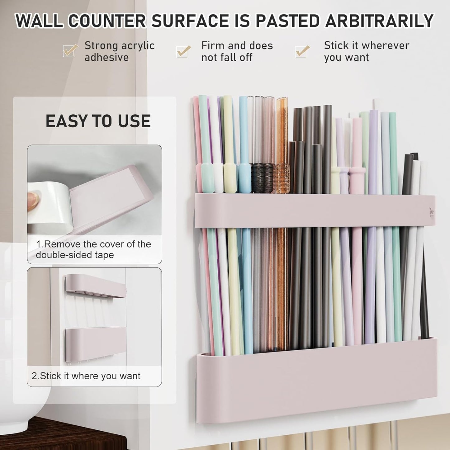 ABLY Straw Holder, reusable straw storage rack, suitable for kitchen walls, counters, cabinet doors, refrigerator doors, etc (Dark blue)