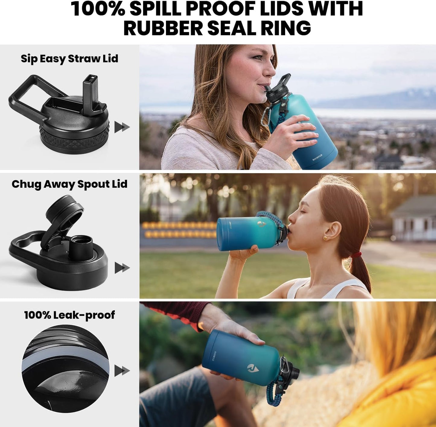 RAYMYLO One Gallon Water Bottle Insulated, Triple Walled Vacuum Stainless Steel (Cold for 48 Hrs), Leak Proof & Non-BPA, Large Water Flask Jug with Paracord Handle & Straw Spout Lids
