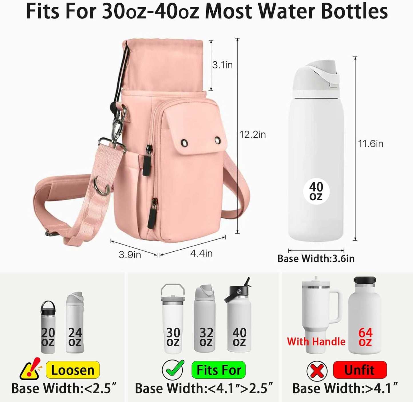 Water Bottle Holder with Strap 32 40oz Crossbody Insulated Water Bottle Carrier Sling Bag with Adjustable Wide Strap and Phone Purse 5 Pockets for Walking Hiking Gym Travel