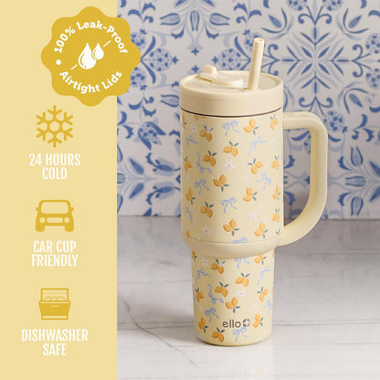 Ello Oasis 40 oz Tumbler with Handle & Retracting Straw | Reusable Insulated Stainless Steel Cup 100% Leakproof, Gifts for Teens Women Men | Keeps cold for 24 Hours, Cup Holder Friendly, Daisies