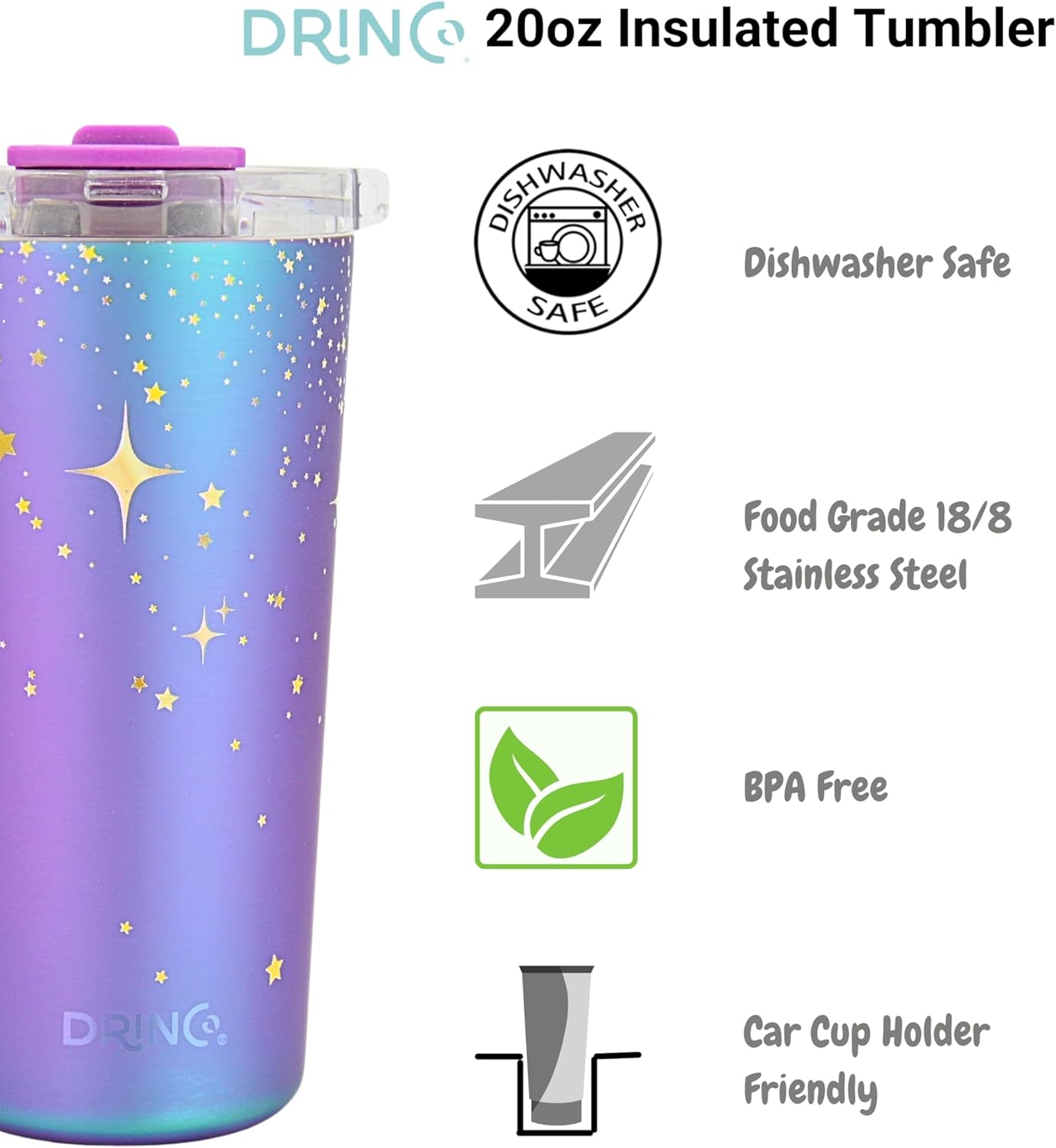 Drinco - 20 oz Stainless Steel Tumbler | Double Walled Vacuum Insulated Mug With Lid, 2 Straws, For Hot & Cold Drinks (20oz Dragonfly)