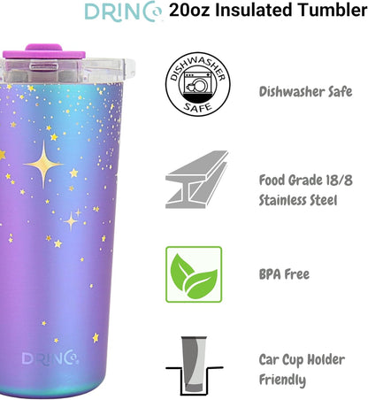 Drinco - 20 oz Stainless Steel Tumbler | Double Walled Vacuum Insulated Mug With Lid, 2 Straws, For Hot & Cold Drinks (20oz Dragonfly)