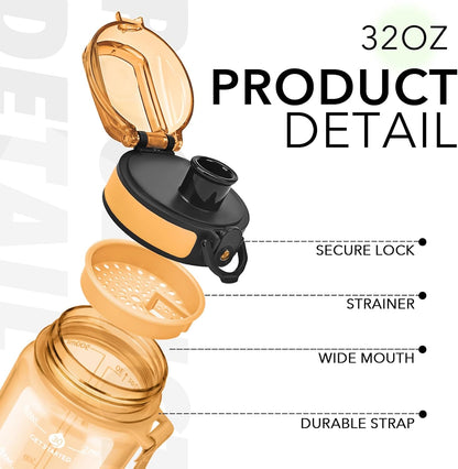 32oz Water Bottle with Time Marker, Motivational Drinking Bottle with Strap, BPA-Free Leak-Proof, Encouraging Water Bottle Time to Drink Water for Gym School Office Travel