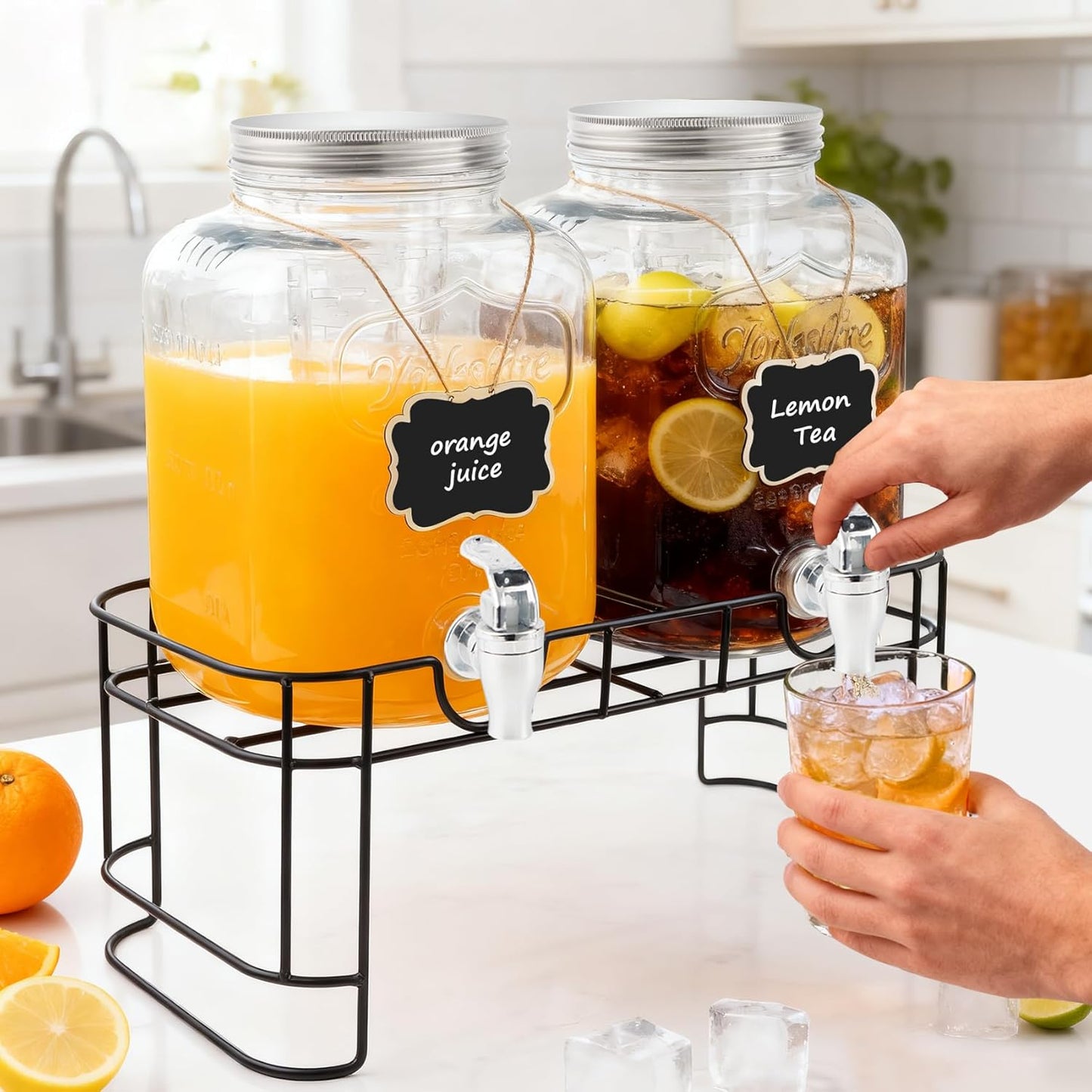 1 Gallon Glass Drink Dispensers For Parties-Set of 2,Drink Dispenser with Fruit Infuser & Stand,Juice or Beverage Dispenser for BBQ, Picnic, Party,Laundry Detergent Dispenser