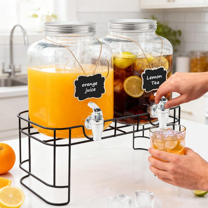 1 Gallon Glass Drink Dispensers For Parties-Set of 2,Drink Dispenser with Fruit Infuser & Stand,Juice or Beverage Dispenser for BBQ, Picnic, Party,Laundry Detergent Dispenser
