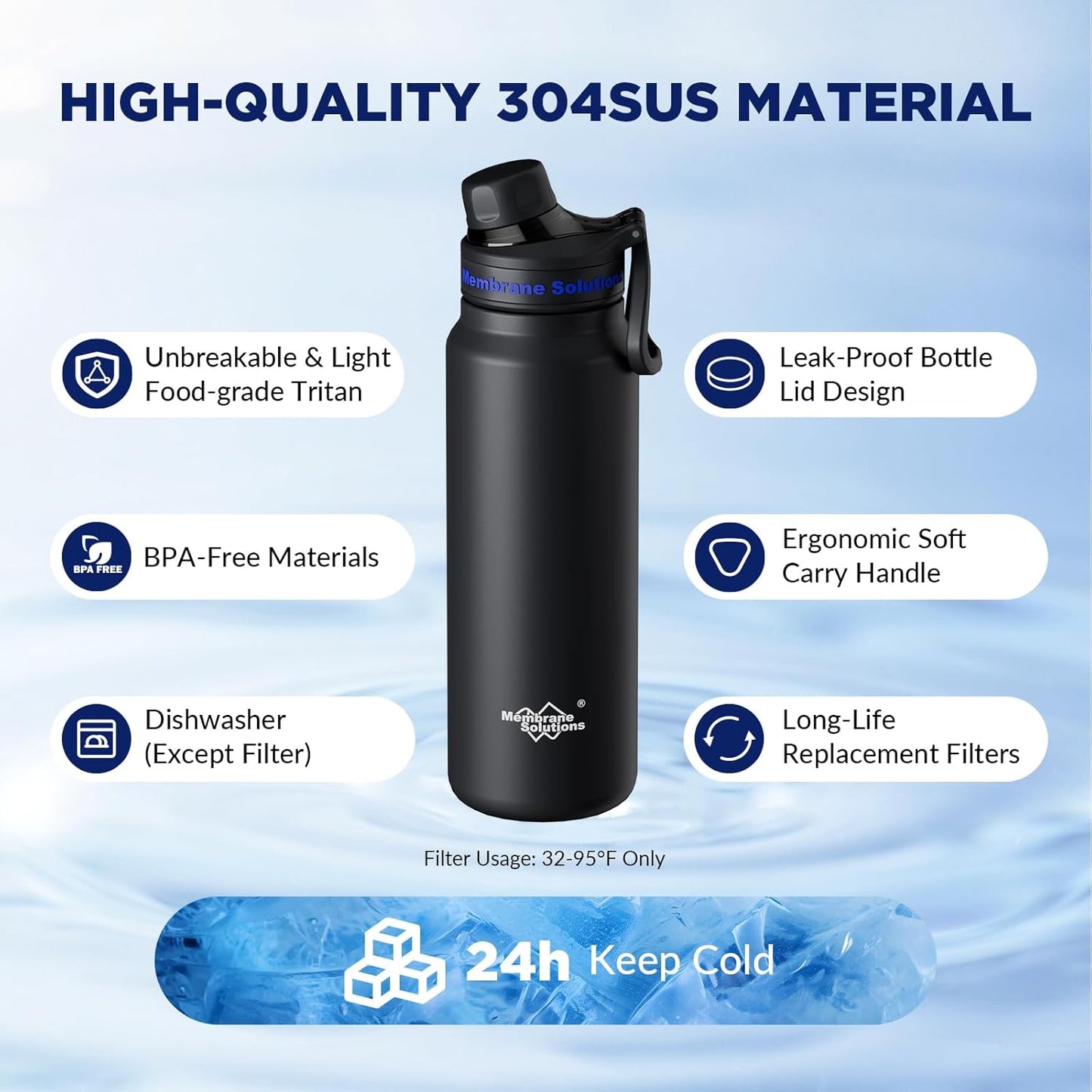 Membrane Solutions C3 Filtered Water Bottle, 32oz Stainless Steel Water Bottle with Replaceable UF+ACF Filter Cartridge, Portable Water Filter, Travel, Hiking & Camping for Drinking Water